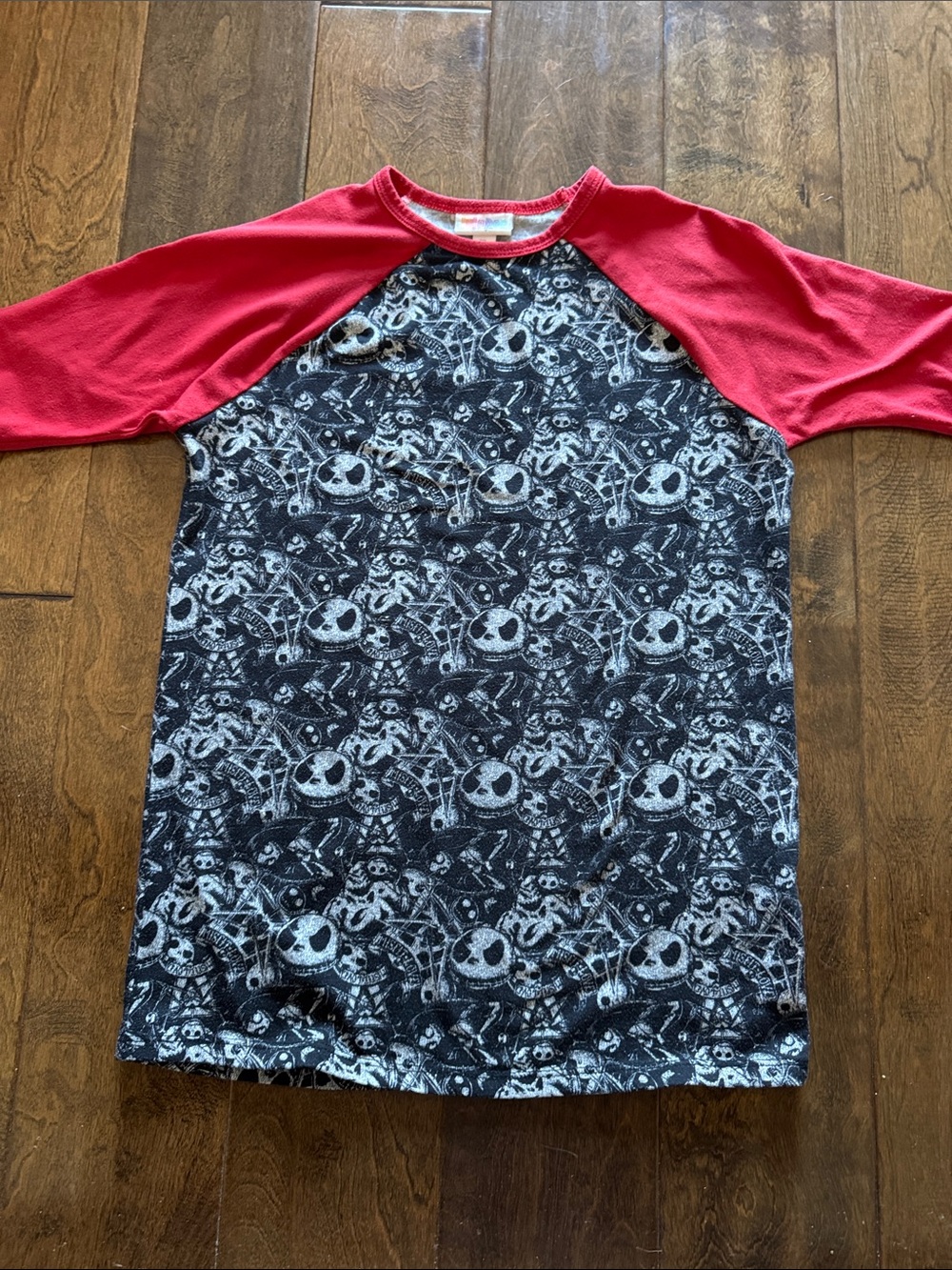LuLaRoe Kids Long Sleeve Raglan Tee in Red and Black Jack Skellington Print